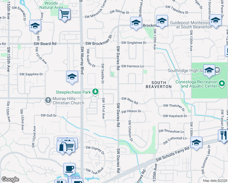 map of restaurants, bars, coffee shops, grocery stores, and more near 9966 Southwest Steeplechase Circle in Beaverton