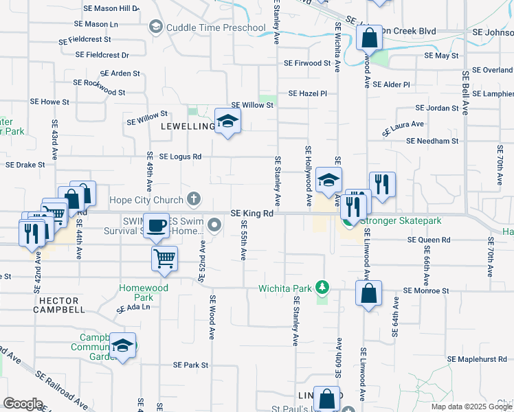 map of restaurants, bars, coffee shops, grocery stores, and more near 5619 Southeast King Road in Milwaukie