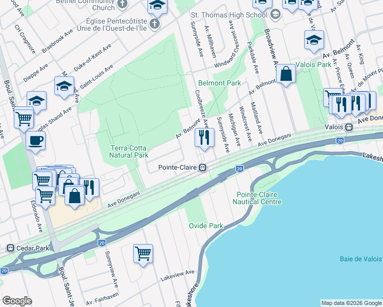 map of restaurants, bars, coffee shops, grocery stores, and more near 100 Avenue Ashgrove in Pointe-Claire