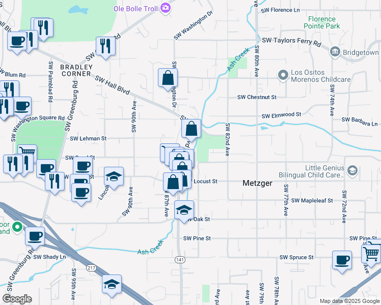 map of restaurants, bars, coffee shops, grocery stores, and more near 9910 Southwest Hall Boulevard in Portland