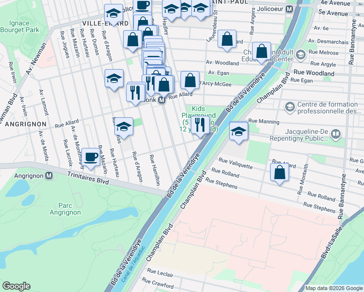 map of restaurants, bars, coffee shops, grocery stores, and more near 2310 Rue Raudot in Montréal