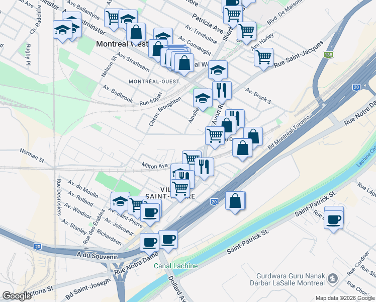 map of restaurants, bars, coffee shops, grocery stores, and more near 9001 Chemin Avon in Montréal-Ouest