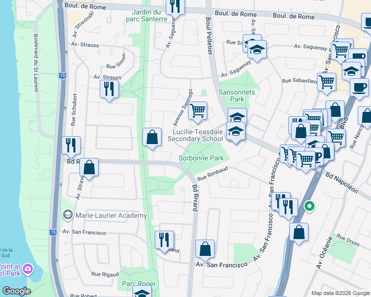 map of restaurants, bars, coffee shops, grocery stores, and more near 8360 Avenue Santiago in Brossard