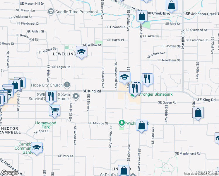 map of restaurants, bars, coffee shops, grocery stores, and more near 10126 Southeast Stanley Avenue in Milwaukie