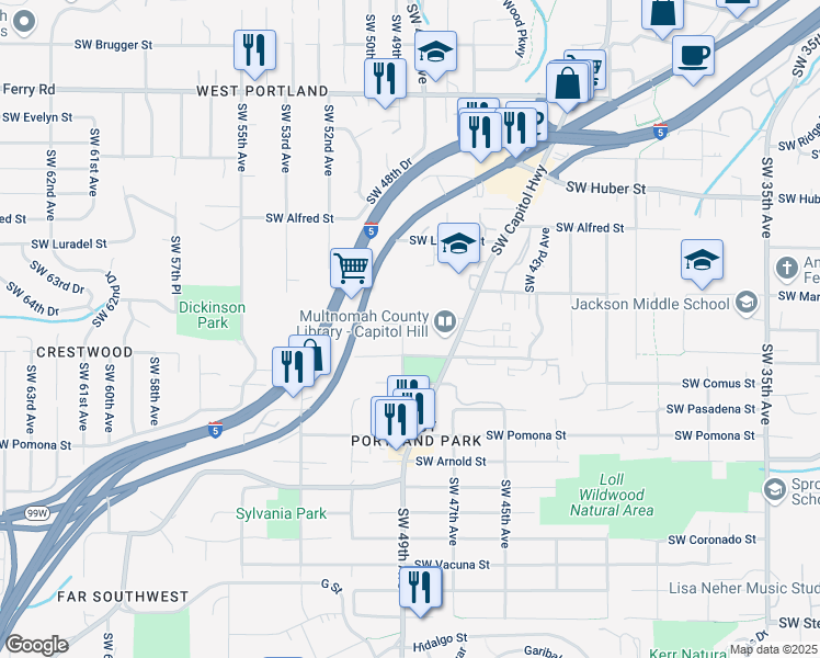 map of restaurants, bars, coffee shops, grocery stores, and more near 10626 Southwest 49th Avenue in Portland