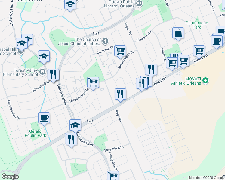 map of restaurants, bars, coffee shops, grocery stores, and more near 2249 Pagé Road in Ottawa