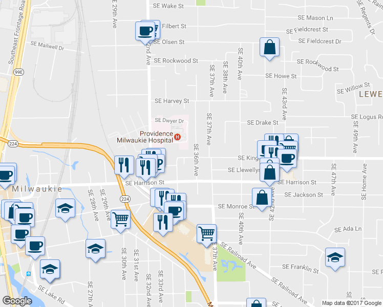 map of restaurants, bars, coffee shops, grocery stores, and more near 10357 Southeast 36th Avenue in Milwaukie