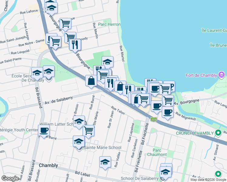 map of restaurants, bars, coffee shops, grocery stores, and more near 1005 Boulevard de Périgny in Chambly