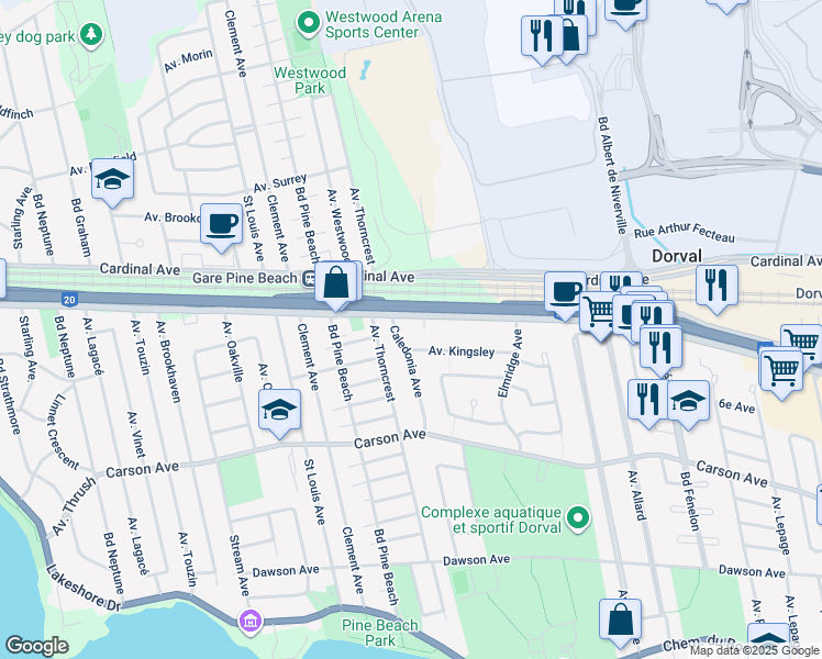 map of restaurants, bars, coffee shops, grocery stores, and more near 475 Avenue Caledonia in Dorval