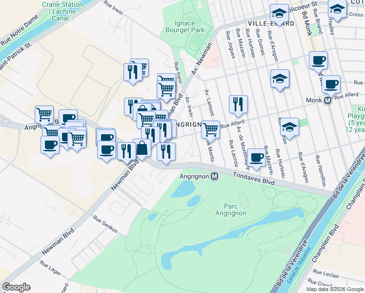 map of restaurants, bars, coffee shops, grocery stores, and more near 7000 Rue Allard in Montréal