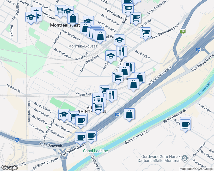 map of restaurants, bars, coffee shops, grocery stores, and more near 9015 Chemin Avon in Montréal-Ouest