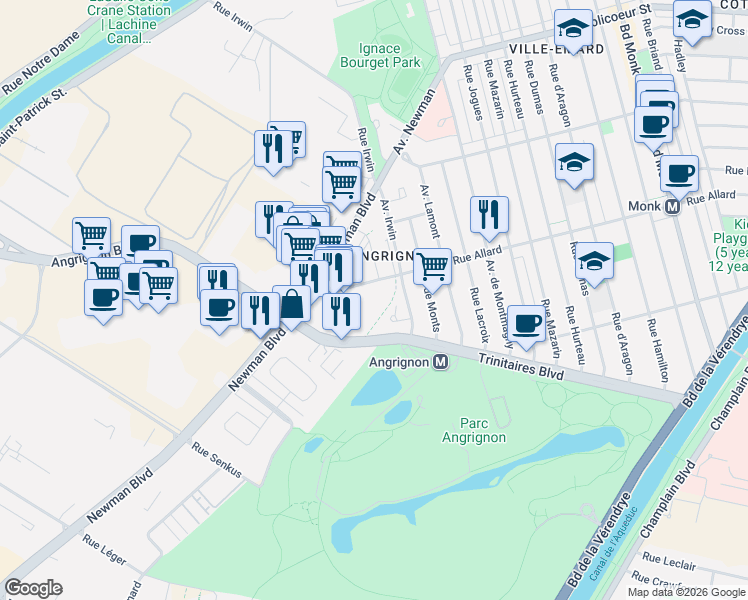 map of restaurants, bars, coffee shops, grocery stores, and more near 7000 Rue Allard in Montréal