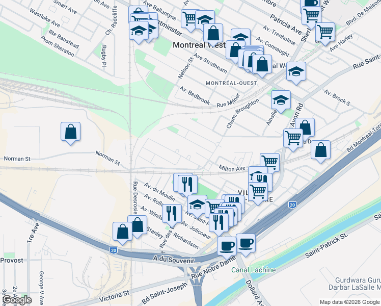 map of restaurants, bars, coffee shops, grocery stores, and more near Croissant Albert-Lacombe in Montréal