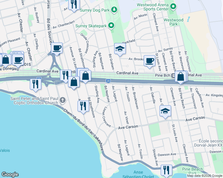 map of restaurants, bars, coffee shops, grocery stores, and more near 470 Avenue Lagacé in Dorval