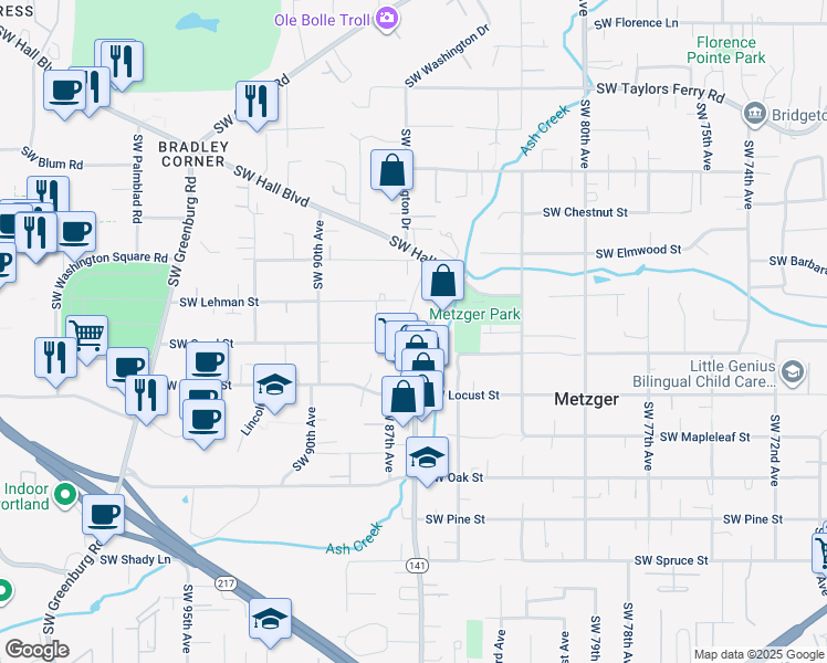 map of restaurants, bars, coffee shops, grocery stores, and more near 9905 Southwest Hall Boulevard in Portland