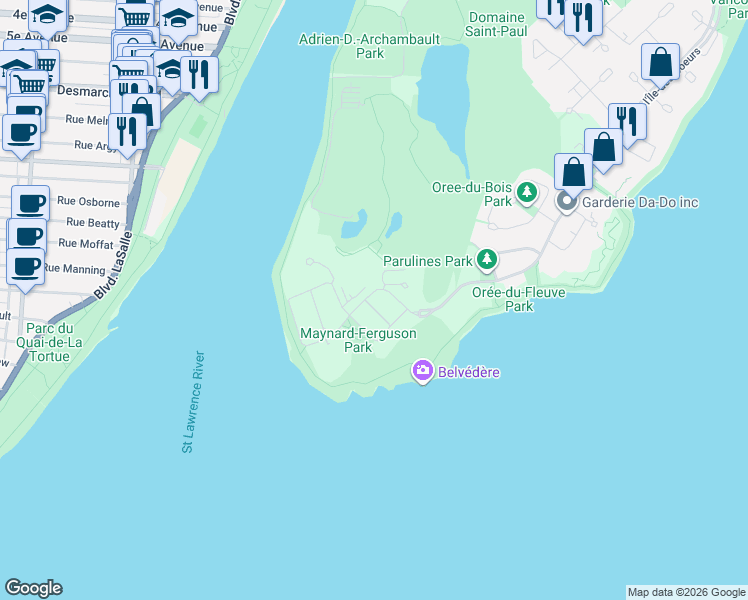 map of restaurants, bars, coffee shops, grocery stores, and more near 334 Chemin de la Pointe Sud in Montréal