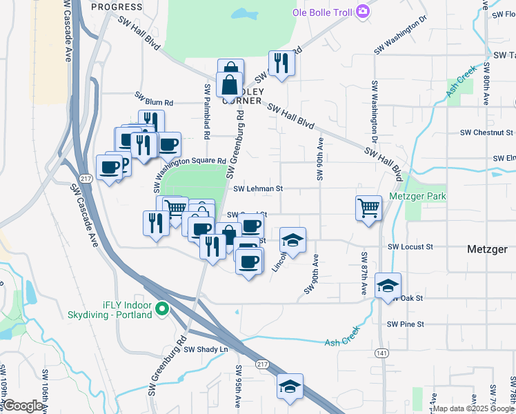 map of restaurants, bars, coffee shops, grocery stores, and more near 9351 Southwest Coral Street in Tigard