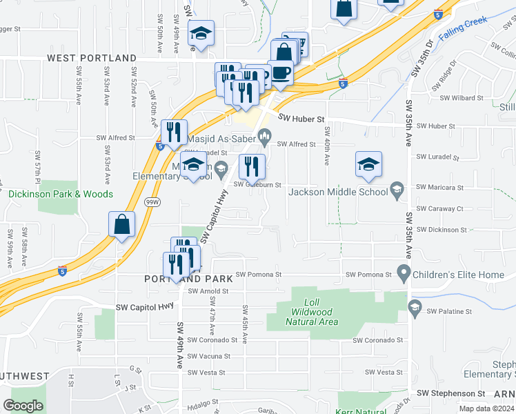 map of restaurants, bars, coffee shops, grocery stores, and more near 4329 Southwest Falling Creek Court in Portland