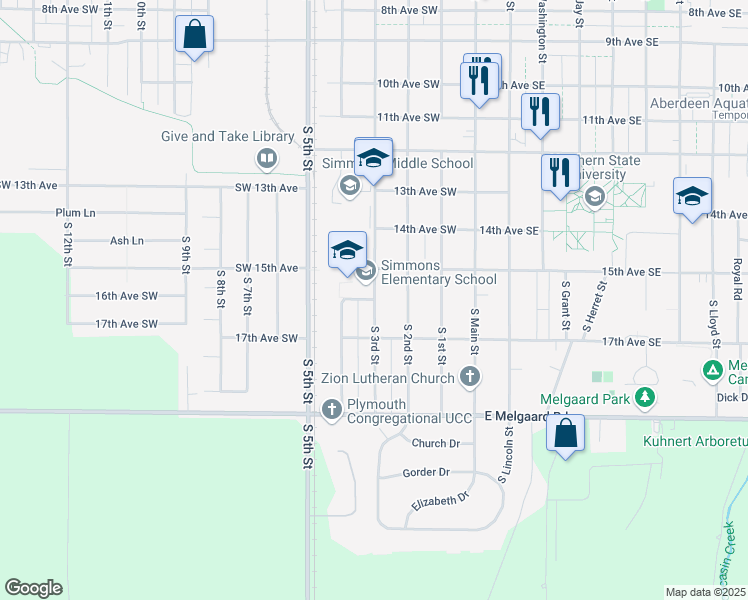 map of restaurants, bars, coffee shops, grocery stores, and more near 1500 South 3rd Street in Aberdeen