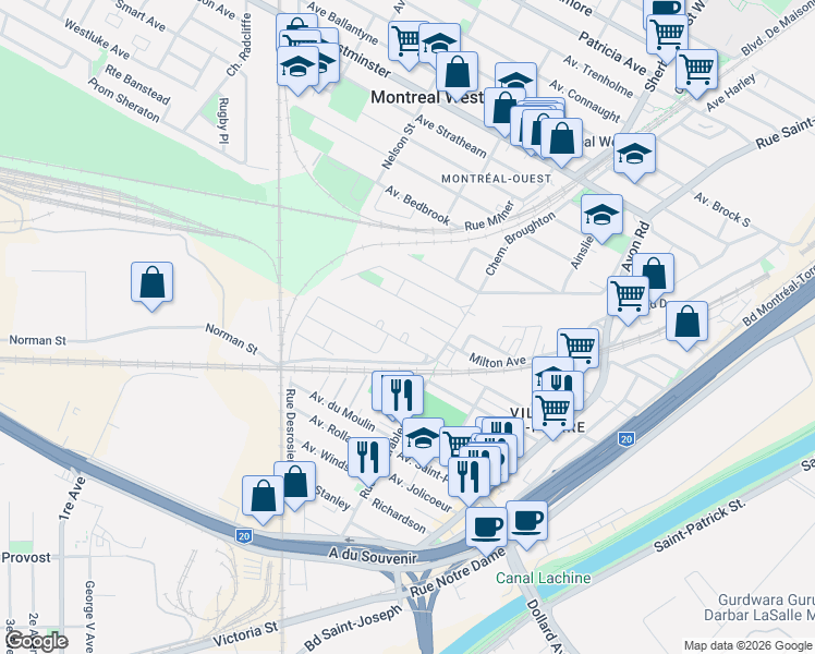 map of restaurants, bars, coffee shops, grocery stores, and more near in Montreal