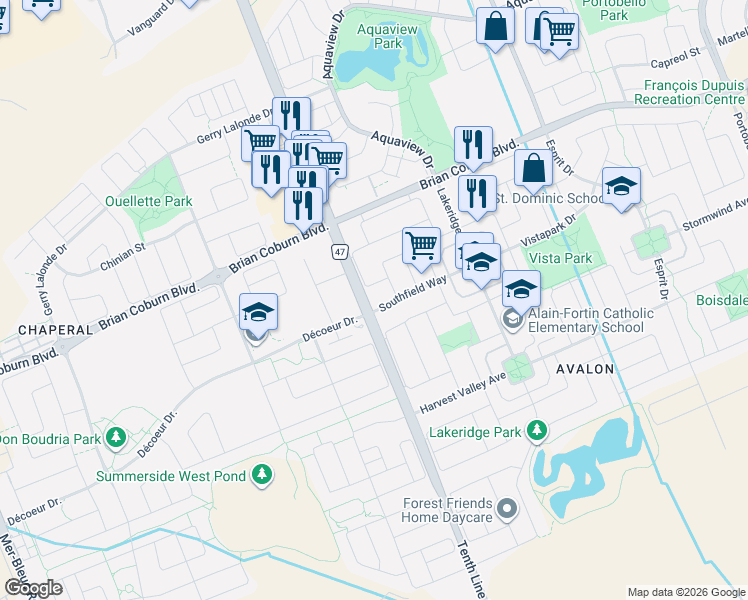 map of restaurants, bars, coffee shops, grocery stores, and more near 503 Southfield Way in Ottawa