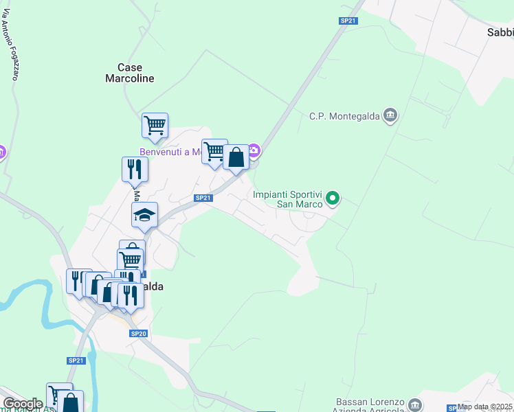 map of restaurants, bars, coffee shops, grocery stores, and more near 41 Via Gioacchino Rossini in Montegalda