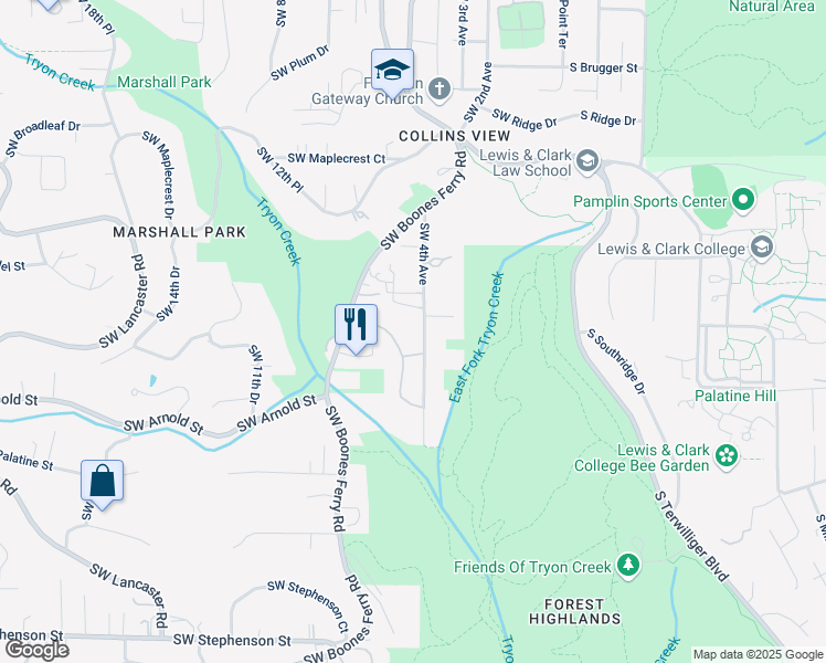 map of restaurants, bars, coffee shops, grocery stores, and more near 10625 Southwest 4th Avenue in Portland