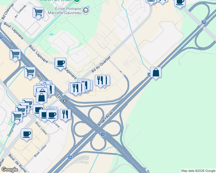 map of restaurants, bars, coffee shops, grocery stores, and more near 625 Avenue de l'Equinoxe in Brossard