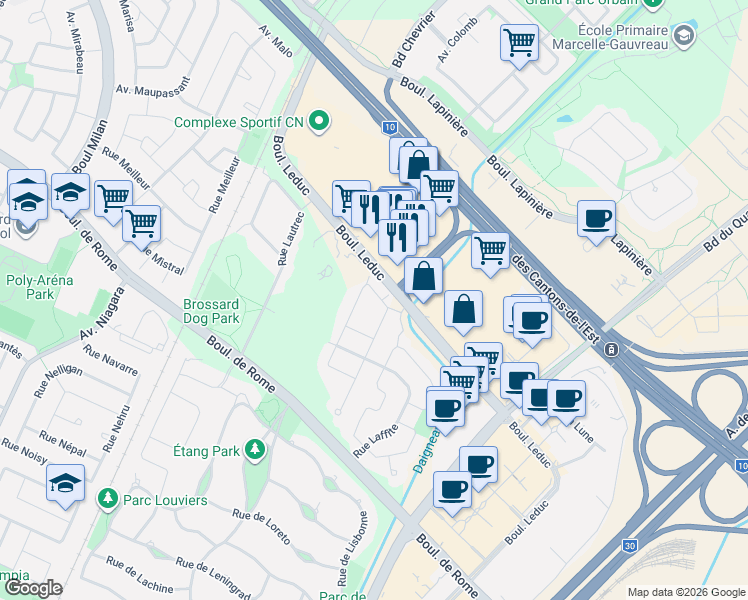 map of restaurants, bars, coffee shops, grocery stores, and more near 7949 Rue Lemelin in Brossard