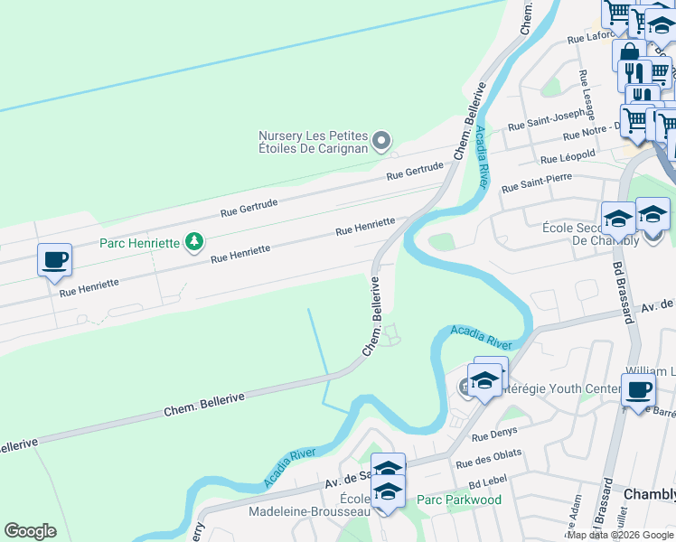 map of restaurants, bars, coffee shops, grocery stores, and more near 2375 Rue Éthel Est in Carignan
