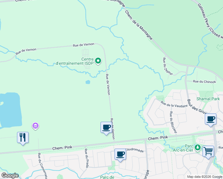 map of restaurants, bars, coffee shops, grocery stores, and more near 600 Rue de Vernon in Gatineau
