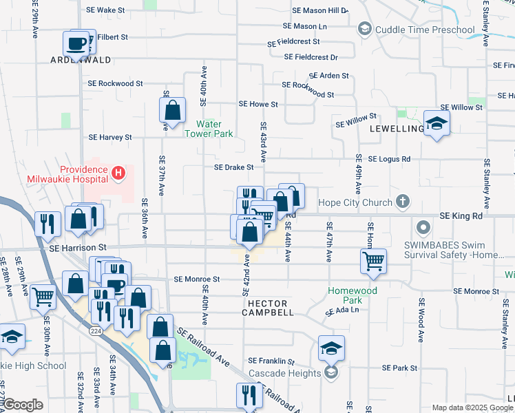map of restaurants, bars, coffee shops, grocery stores, and more near 4215 Southeast King Road in Milwaukie