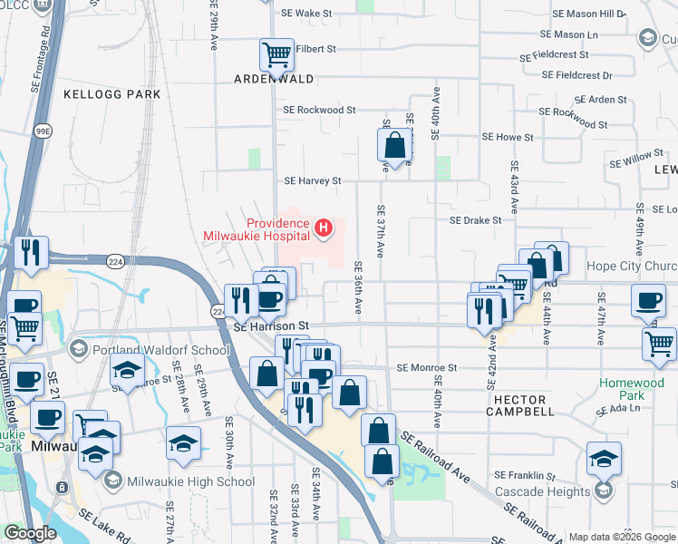 map of restaurants, bars, coffee shops, grocery stores, and more near 3445 Southeast King Road in Milwaukie