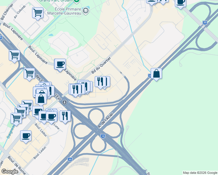 map of restaurants, bars, coffee shops, grocery stores, and more near 625 Avenue de l'Equinoxe in Brossard
