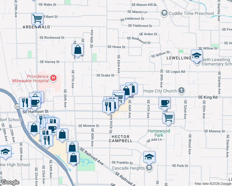 map of restaurants, bars, coffee shops, grocery stores, and more near 4215 Southeast King Road in Milwaukie