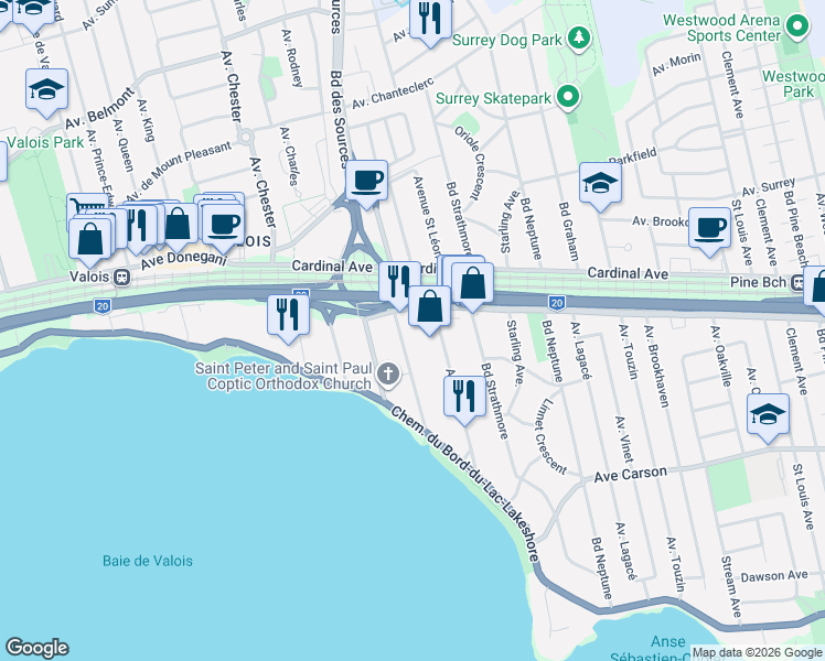 map of restaurants, bars, coffee shops, grocery stores, and more near 435 Boulevard des Sources in Dorval