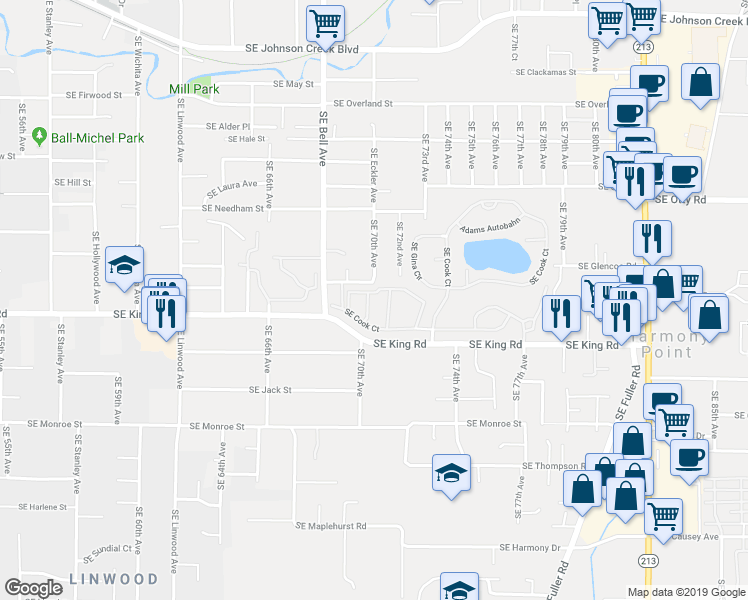 map of restaurants, bars, coffee shops, grocery stores, and more near 10435 Southeast Cook Court in Portland