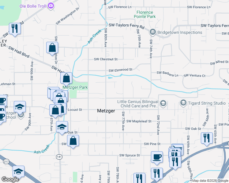 map of restaurants, bars, coffee shops, grocery stores, and more near 7833 Southwest Larch Street in Portland