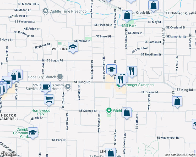 map of restaurants, bars, coffee shops, grocery stores, and more near 10126 Southeast Stanley Avenue in Milwaukie