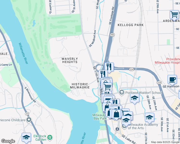 map of restaurants, bars, coffee shops, grocery stores, and more near 1651 Southeast Lava Drive in Portland
