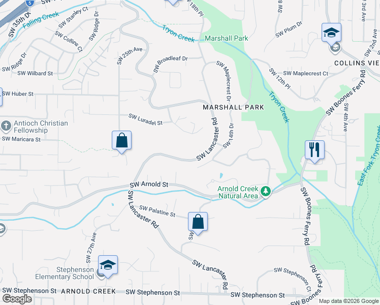 map of restaurants, bars, coffee shops, grocery stores, and more near 10645 Southwest Lancaster Road in Portland