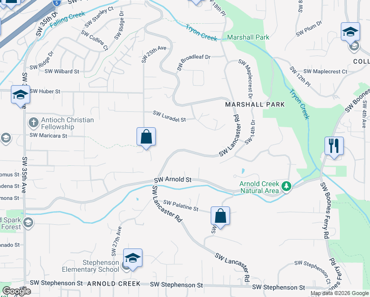 map of restaurants, bars, coffee shops, grocery stores, and more near 10667 Southwest Lancaster Road in Portland