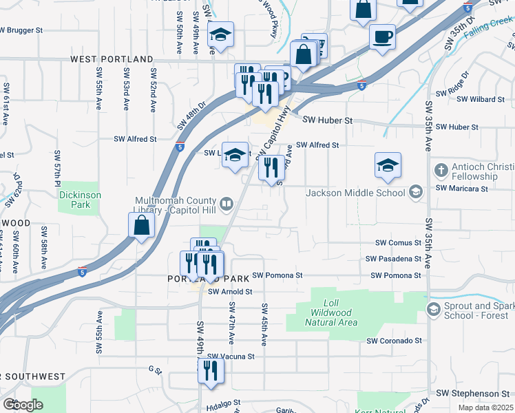 map of restaurants, bars, coffee shops, grocery stores, and more near 10634 Southwest Capitol Highway in Portland