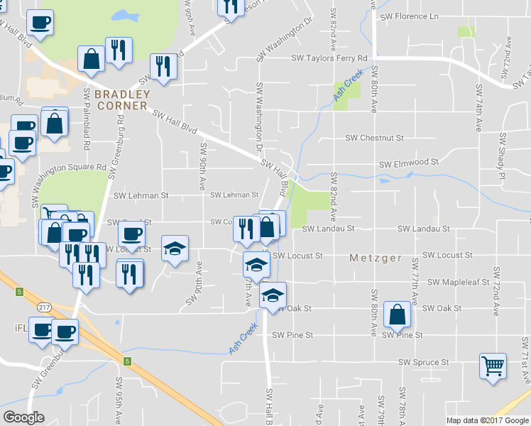 map of restaurants, bars, coffee shops, grocery stores, and more near 9905 Southwest Hall Boulevard in Portland