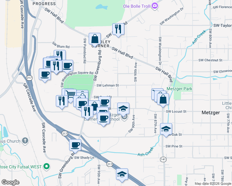 map of restaurants, bars, coffee shops, grocery stores, and more near 9887 Southwest 92nd Avenue in Tigard