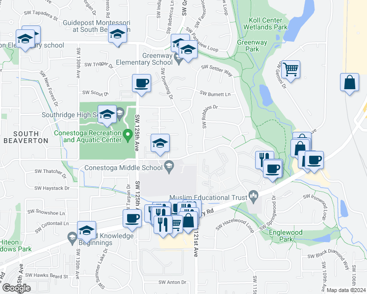 map of restaurants, bars, coffee shops, grocery stores, and more near 12195 Southwest Spur Court in Beaverton