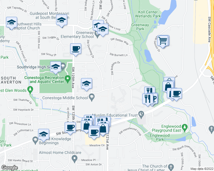 map of restaurants, bars, coffee shops, grocery stores, and more near 12015 Southwest Gault Court in Beaverton