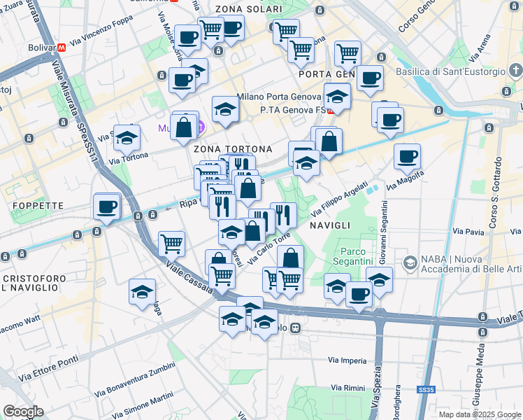 map of restaurants, bars, coffee shops, grocery stores, and more near 13 Via Elia Lombardini in Milano