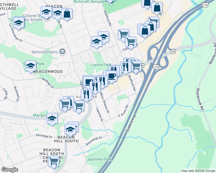 map of restaurants, bars, coffee shops, grocery stores, and more near 102 Gatestone Private in Ottawa