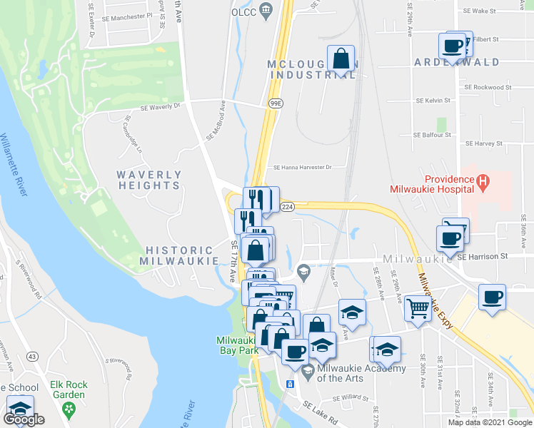 map of restaurants, bars, coffee shops, grocery stores, and more near 10282 Southeast Main Street in Milwaukie